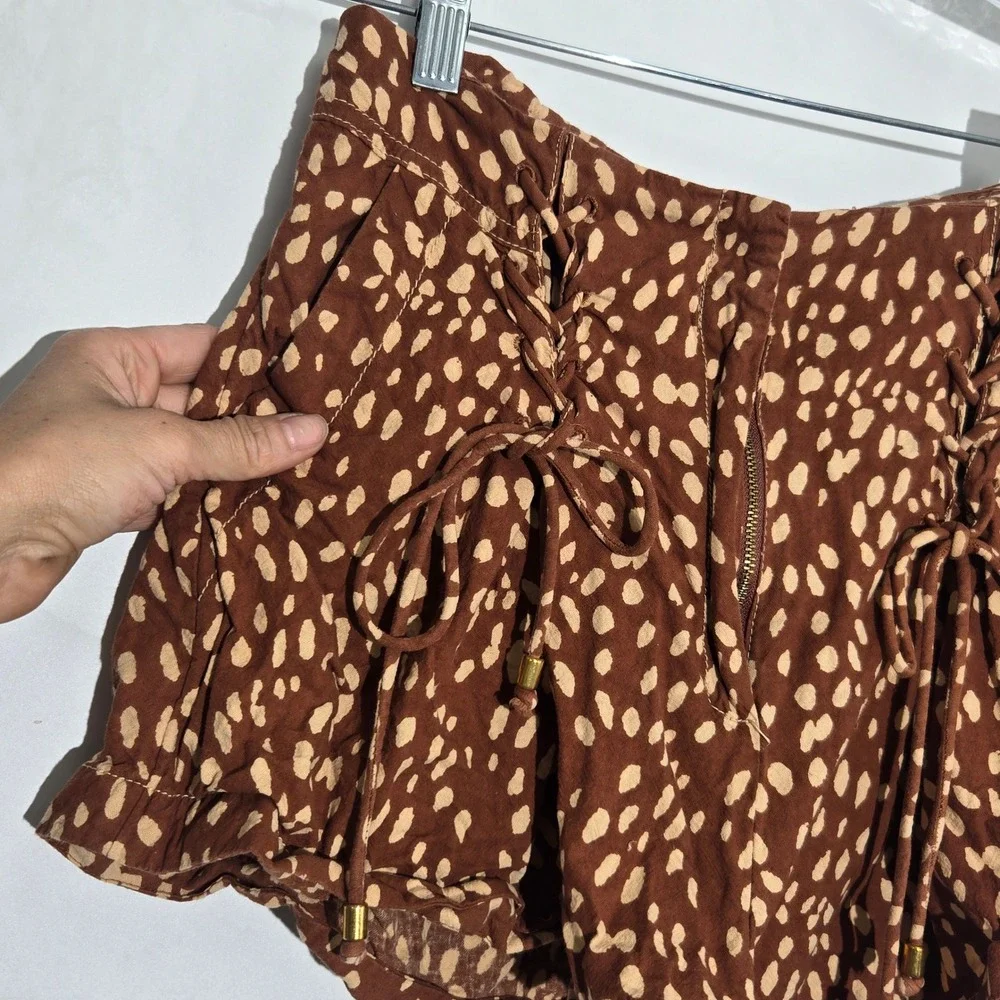 Free People Sz 6 Brown Spotted Lace Up Ruffle Hem Cotton Lounge Shorts‎ Womens